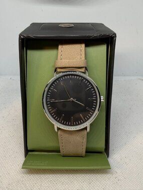 Goodfellow & Co Mens Value Strap Watch Black Dial Silver Tan Faux Leather